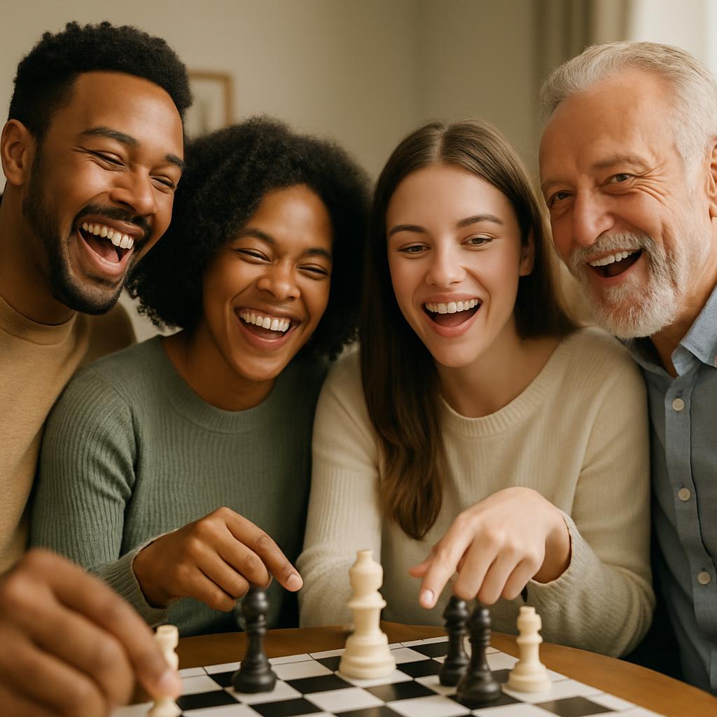 Group of people smiling enjoying chess game. People, indoor, trading table, face happy, indoors, laughing, no violence, no...
